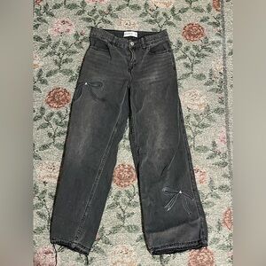 Abercrombie kids black high rise ultra wide leg jeans girls 13/14 bow embroidery